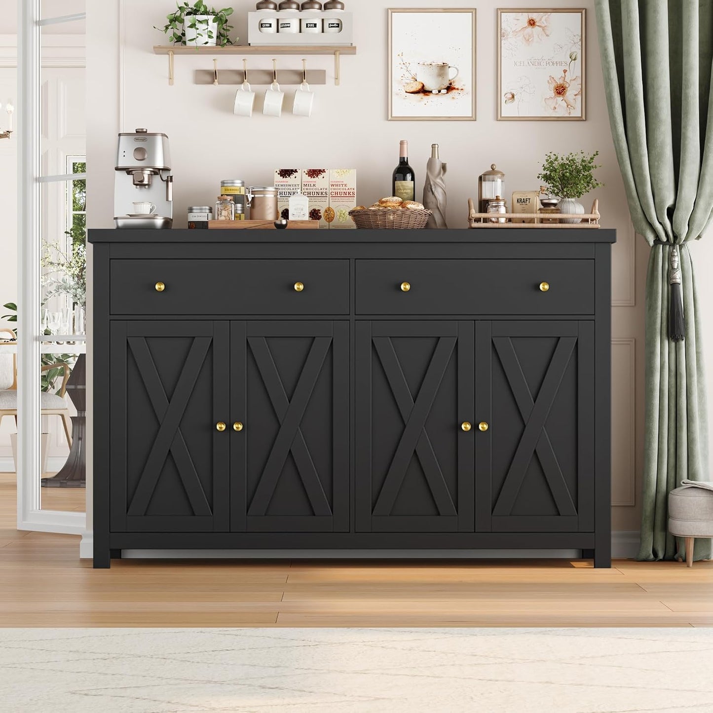 Sideboard Buffet Cabinet with Storage, 55" Large Kitchen Storage Cabinet with 2 Drawers and 4 Doors, Wood Coffee Bar Buffet Table for Kitchen Dining Room, Black