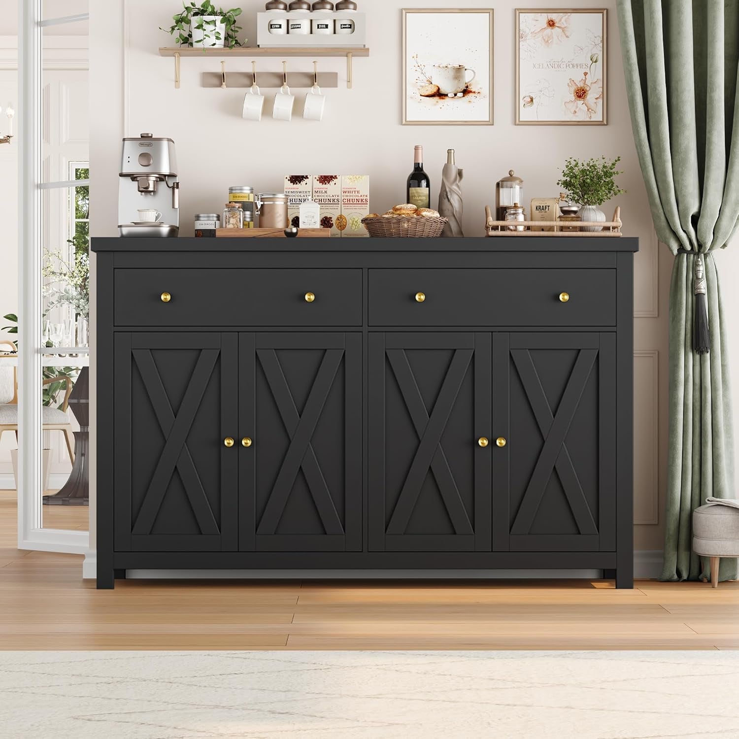 Sideboard Buffet Cabinet with Storage, 55" Large Kitchen Storage Cabinet with 2 Drawers and 4 Doors, Wood Coffee Bar Buffet Table for Kitchen Dining Room, Black