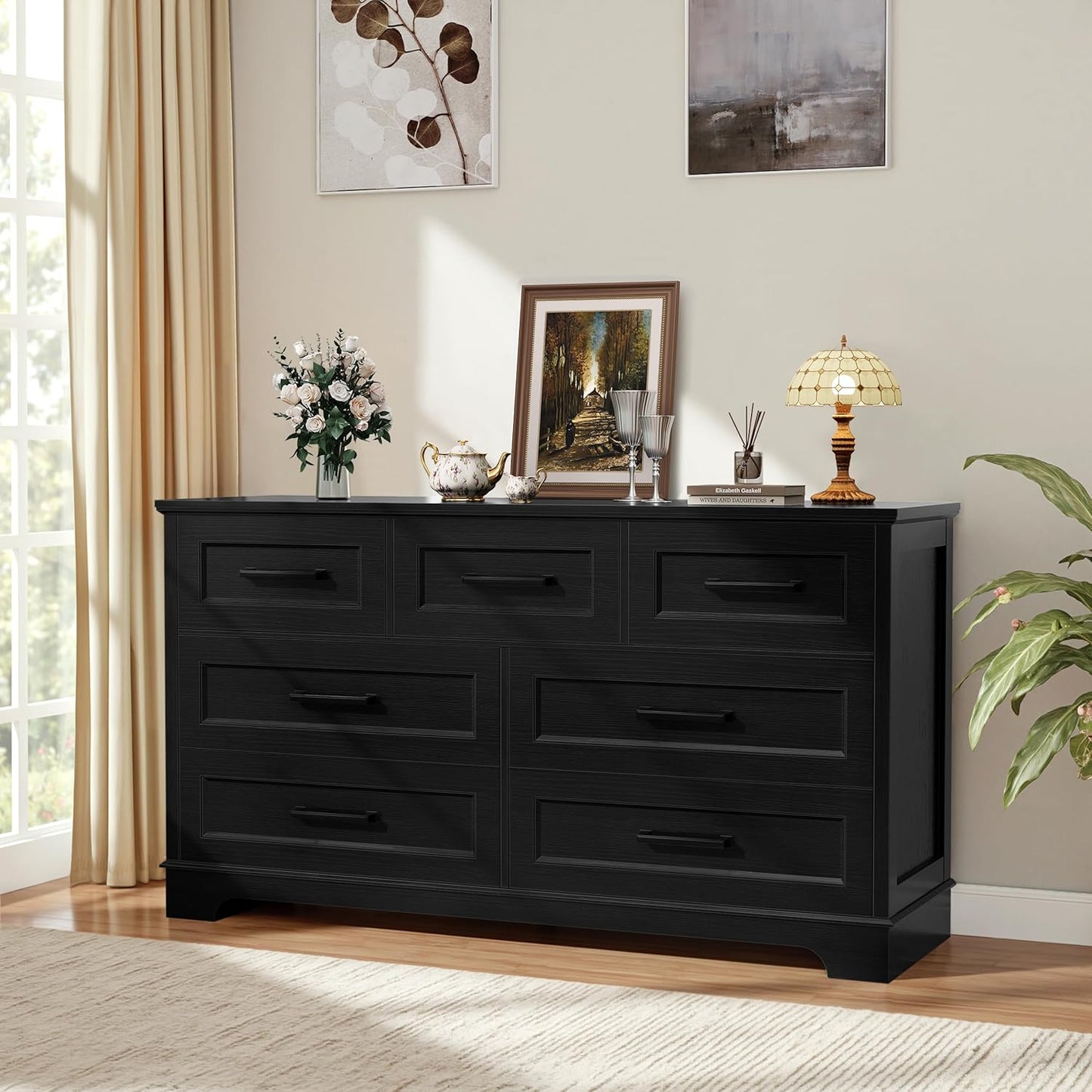 Dresser for Bedroom, Farmhouse 7 Drawers Dresser, Chest of Drawer Chest, Multi-Tier Clothing Storage Cabinet, Black