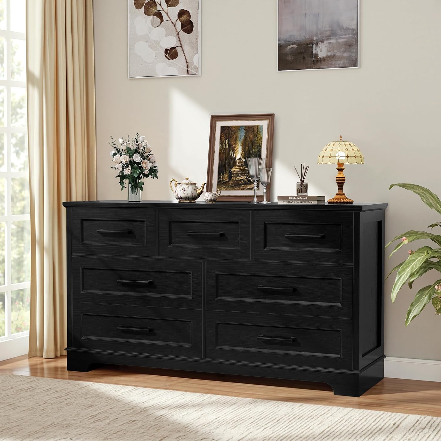 Dresser for Bedroom, Farmhouse 7 Drawers Dresser, Chest of Drawer Chest, Multi-Tier Clothing Storage Cabinet, Black