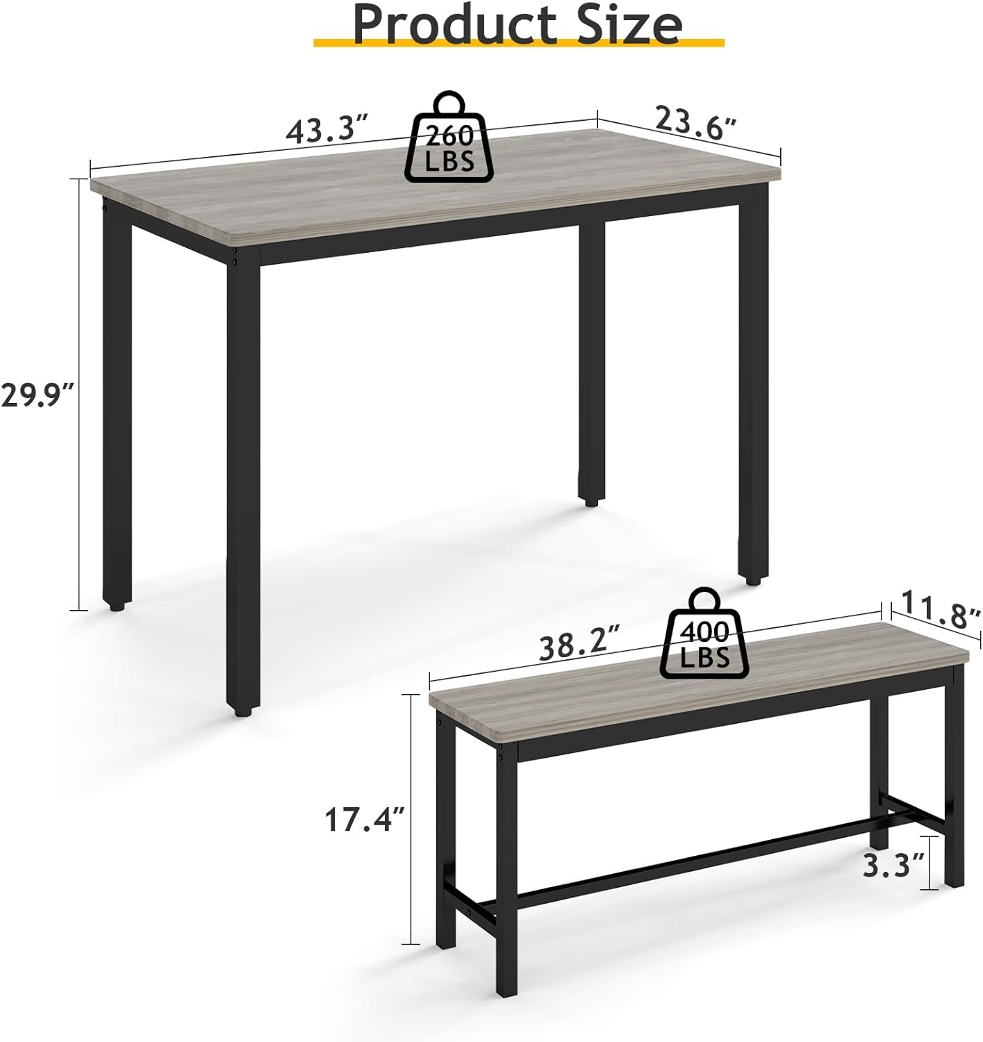Dining Room Table Chairs Set for 4, Modern Space Saving Kitchen Table with 2 Benches & Adjustable Feet Breakfast Table, Farmhouse Wooden Industrial Style, 43", Grey