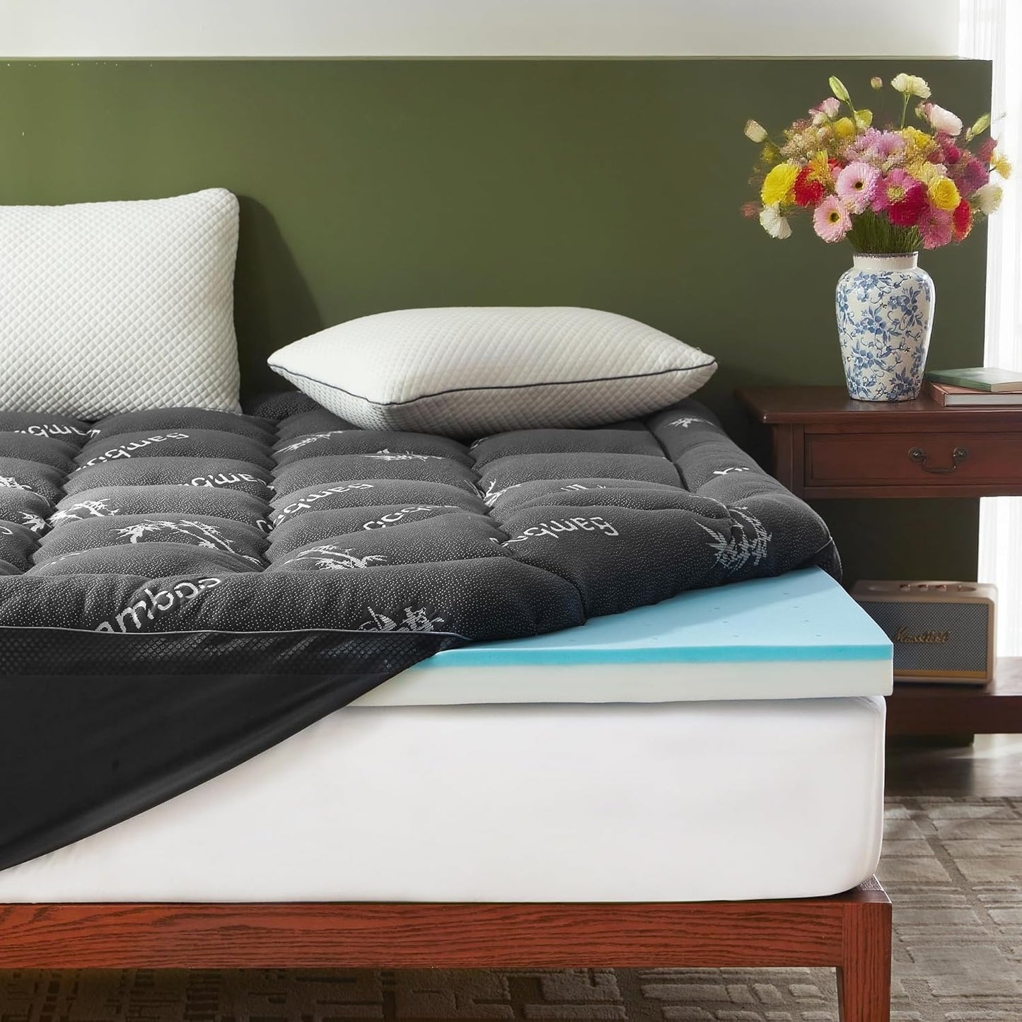 4 Inch Memory Foam Mattress Topper Queen,2-In-1 Dual Layer Design (2" Gel Memory Foam + 2" Plush Pillow Top Cover) Mattress Topper Medium-Firm,Pressure Relief & Back Pain Support(Dark Gray)