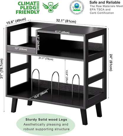 Record Player Stand with Vinyl Storage, Mid-Century Modern Turntable Stand Holds 150+ Albums, Record Player Table with Metal Dividers, Wood Media Console for Living Room (Black, Single-Sided Medium)