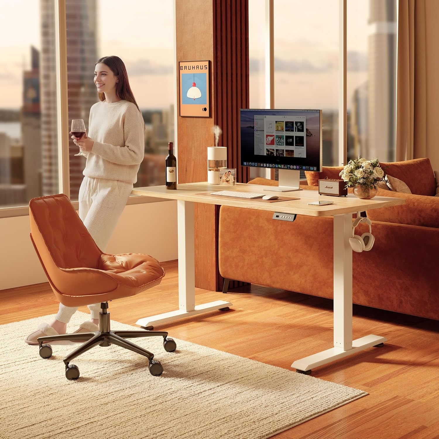 Standing Desk, 48 × 24 Inches Electric Height Adjustable, Sit and Stand Up, Computer Office Desk with Splice Board, White Frame/Maple TOP
