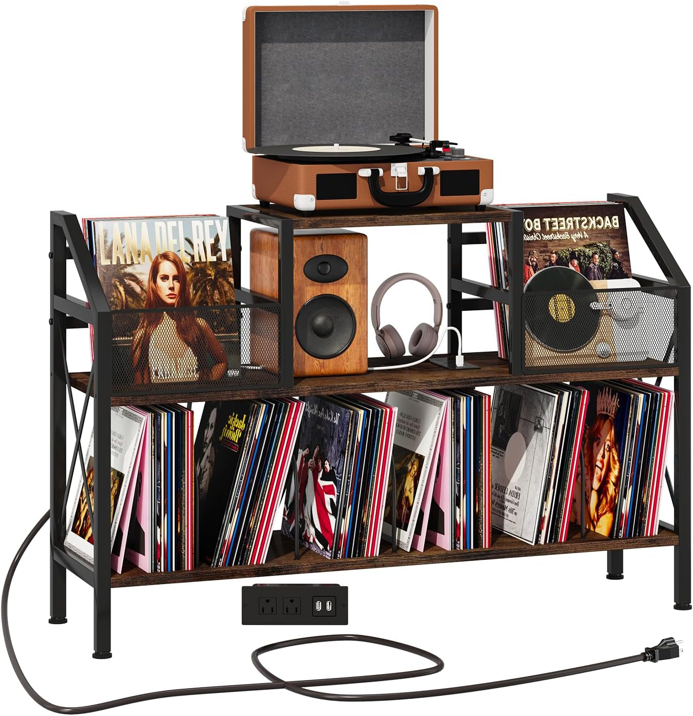 Record Player Stand Holds up to 500 Albums, Turntable Stand with Vinyl Record Player Storage Cabinet, Records Vinyl Albums Storage, Rustic Brown