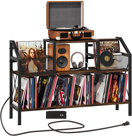 Record Player Stand Holds up to 500 Albums, Turntable Stand with Vinyl Record Player Storage Cabinet, Records Vinyl Albums Storage, Rustic Brown