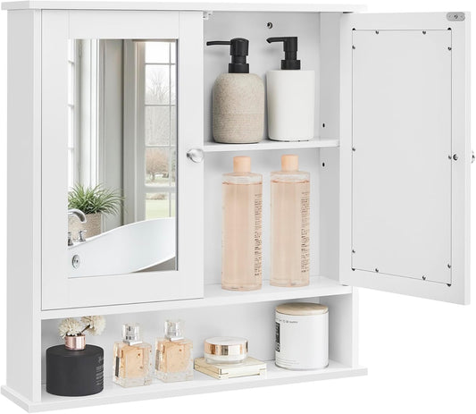 Bathroom Cabinet with Mirror, Wall Cabinet with 2 Mirrored Doors, Adjustable Shelf, Open Compartment, Wall-Mounted, 5.1 X 22.2 X 23 Inches, White ULHC002