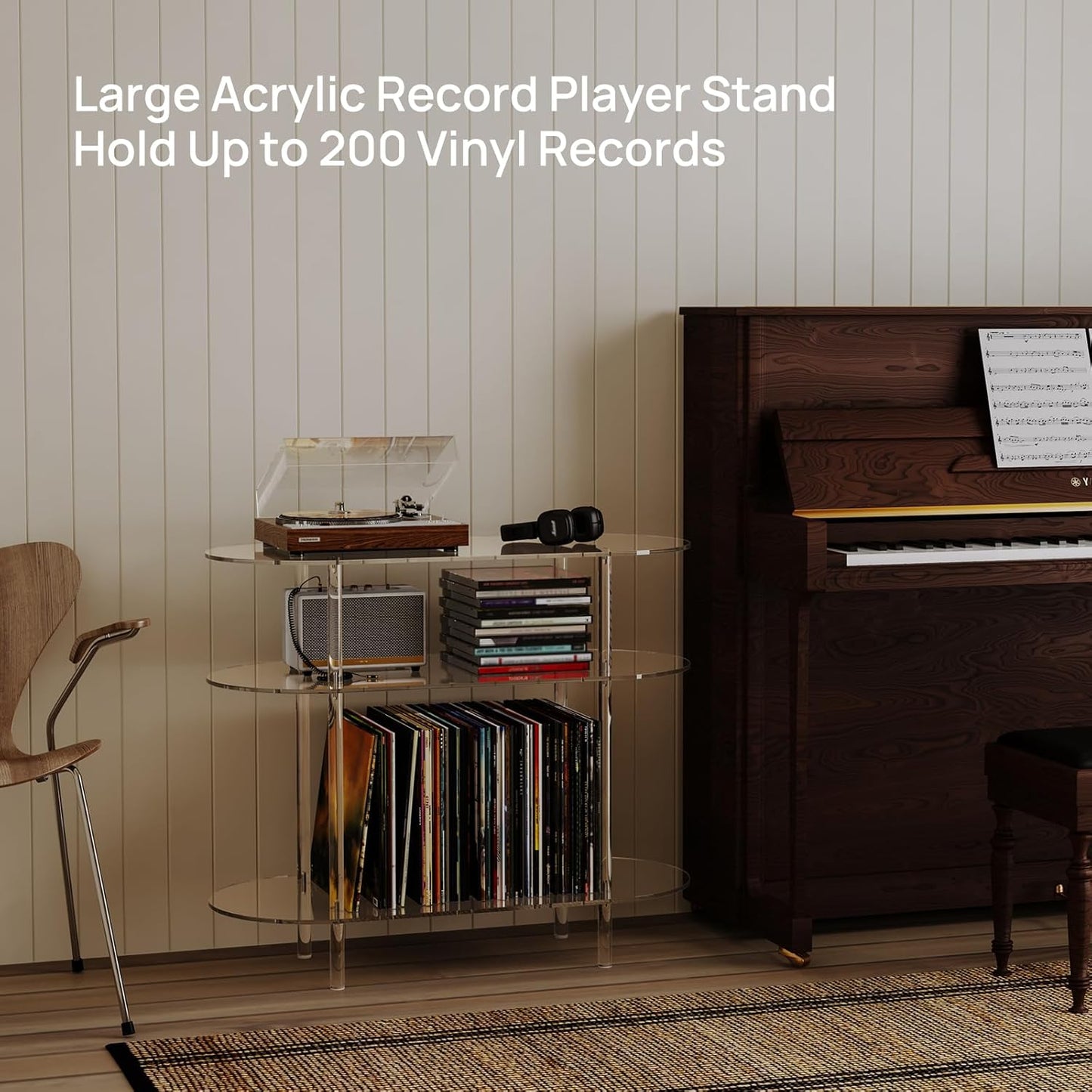 Acrylic Record Player Stand with Vinyl Storage, 35.4" L X 15.7" W X 30.1" H, Large Turntable Stand Table Holds up to 200 Albums, 3-Tier Clear Vinyl Record Holder for Living Room, Bedroom