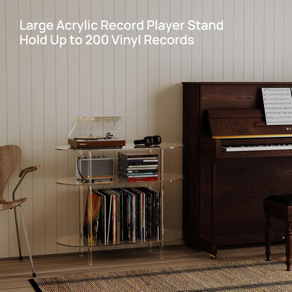 Acrylic Record Player Stand with Vinyl Storage, 35.4" L X 15.7" W X 30.1" H, Large Turntable Stand Table Holds up to 200 Albums, 3-Tier Clear Vinyl Record Holder for Living Room, Bedroom