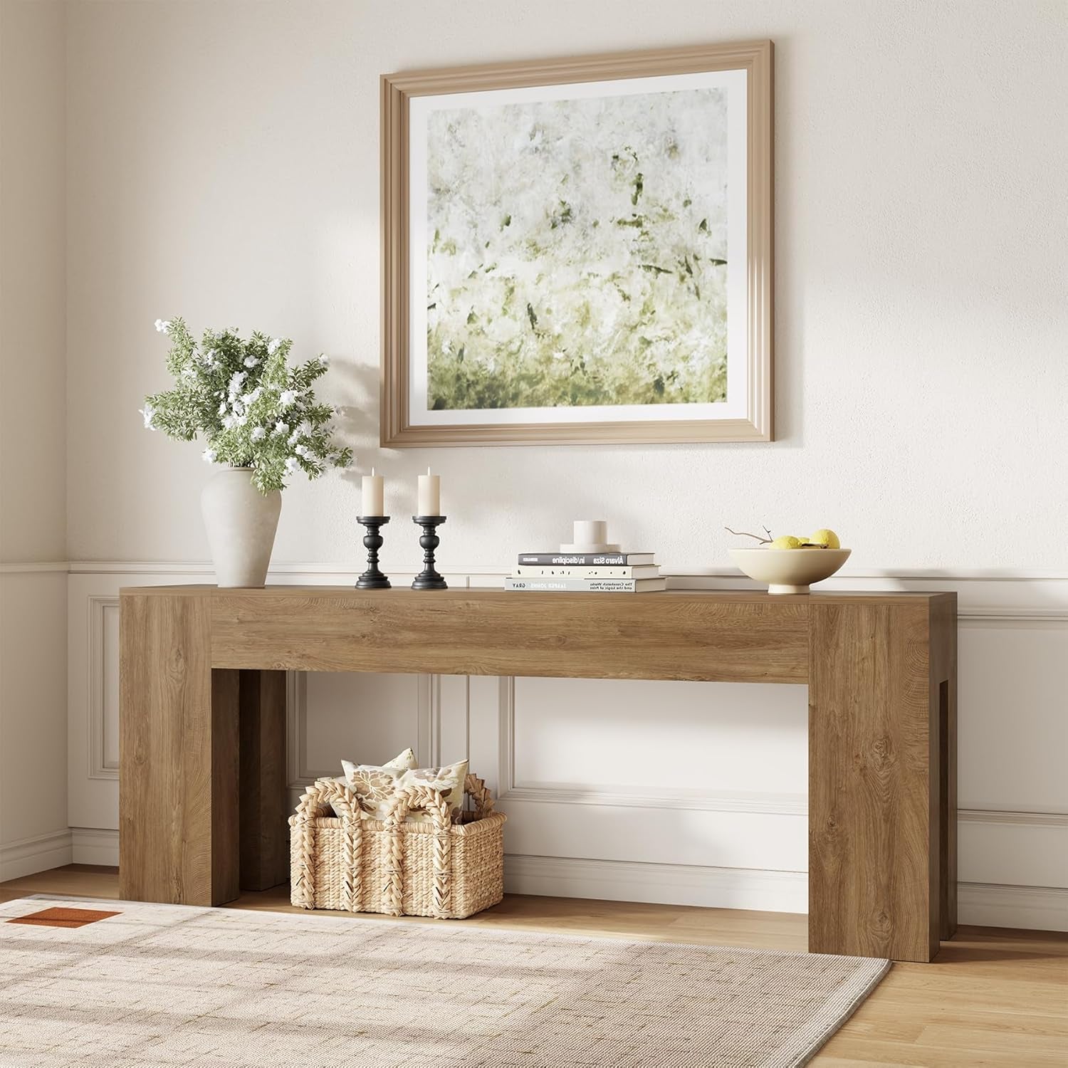 Extra Long Sofa Console Table for Entryway Living Room, 79-Inch Farmhouse Wood behind Couch Table, Rectangular Accent Console with Wooden Double Base for Hallway Foyer Entrance, Natural Oak