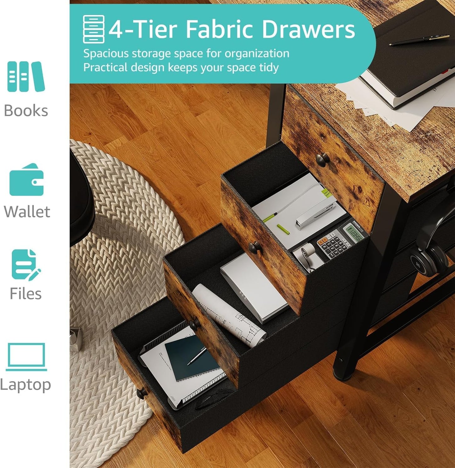 63 Inch Computer Desk with 4 Fabric Drawers & Storage Shelves, Writing Work Study Desk for Home Office Bedroom, Modern Simple Student PC Desks Table, Rustic Brown