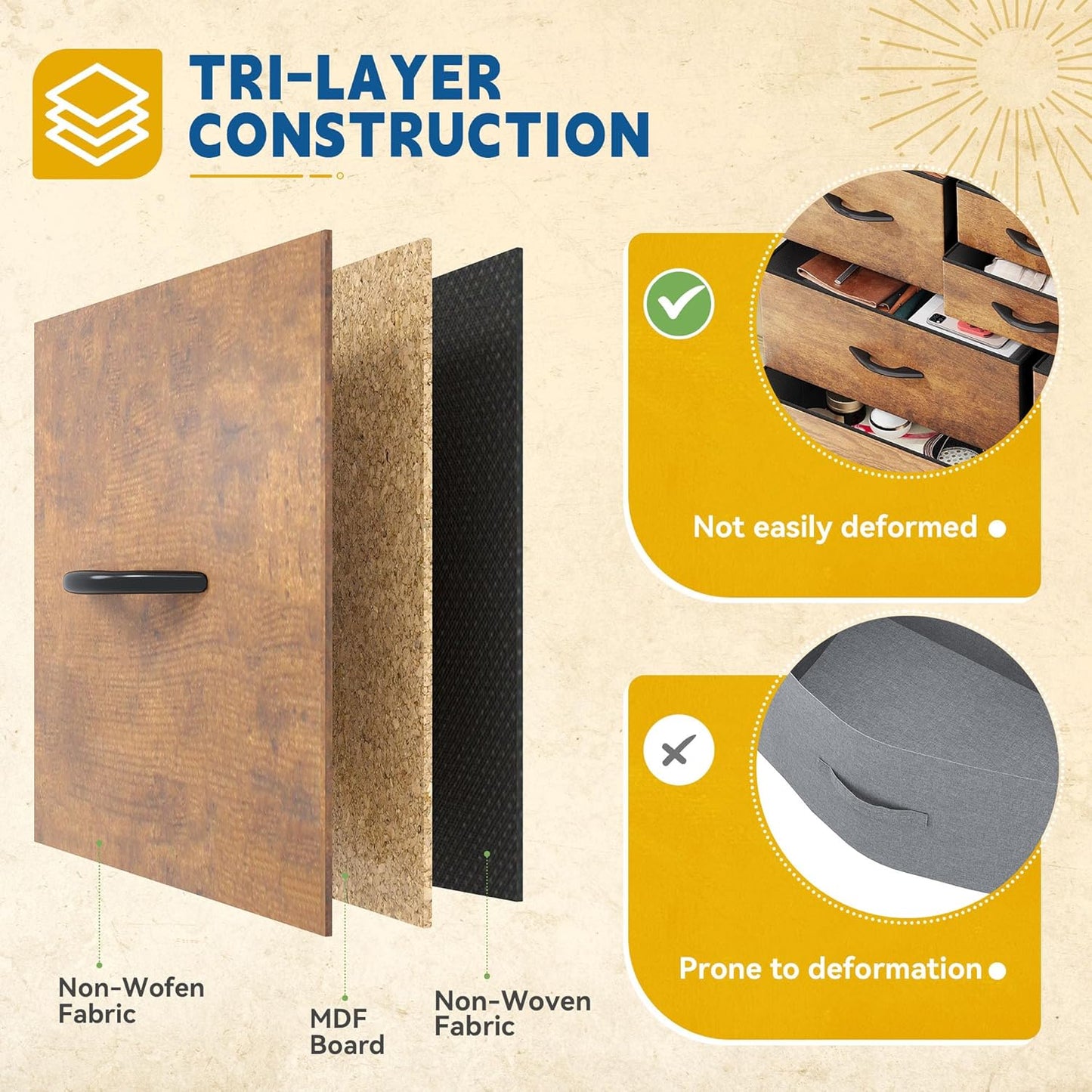 Dresser with 10 Drawers - Fabric Storage Tower, Organizer Unit for Living Room, Hallway - Sturdy Steel Frame, Wooden Top & Easy Pull Fabric Bins