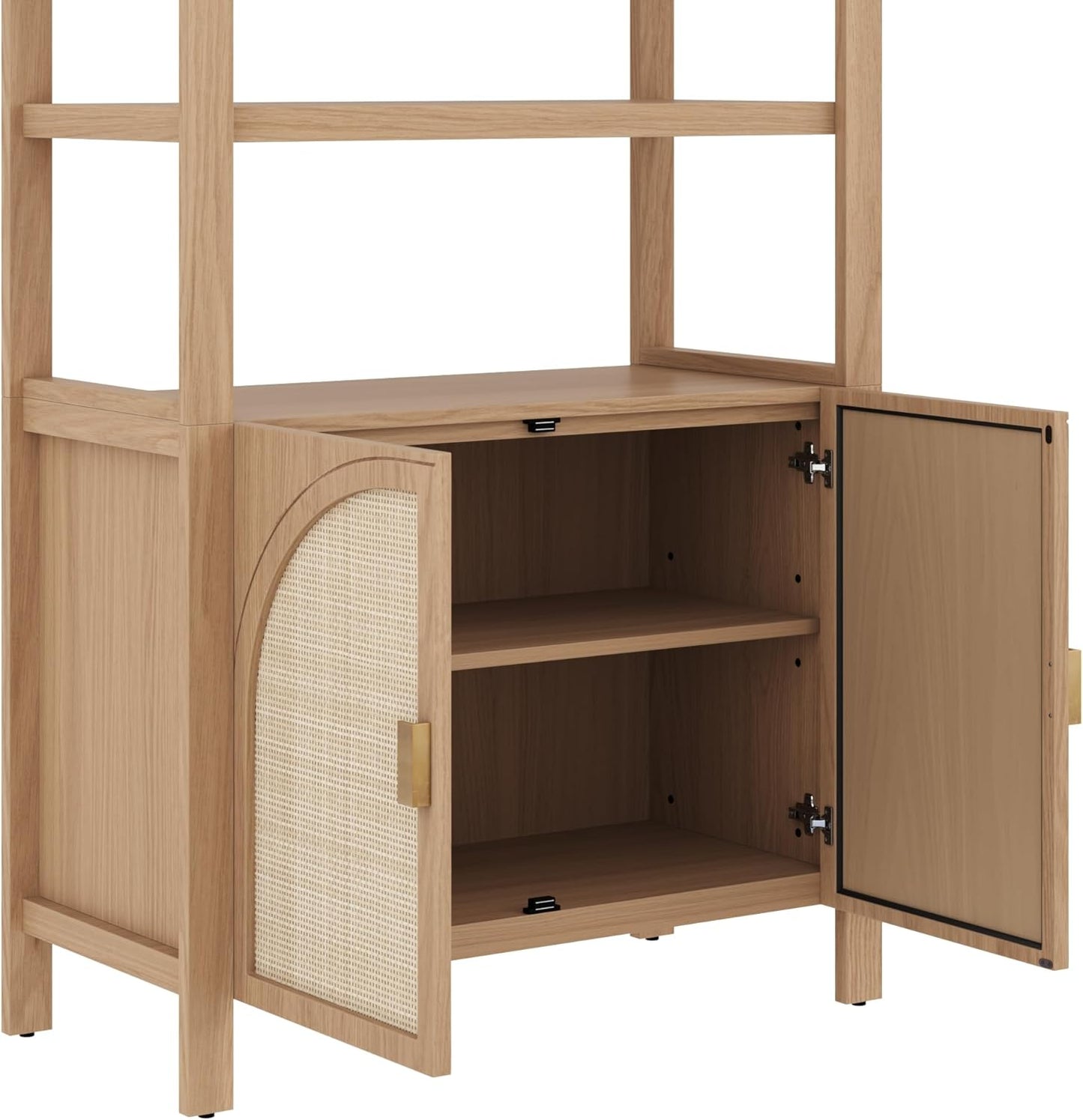 Paxton Mid-Century Modern Arched Bookshelf Cabinet with Solid Wood Frame and Rattan Base, Raw Oak