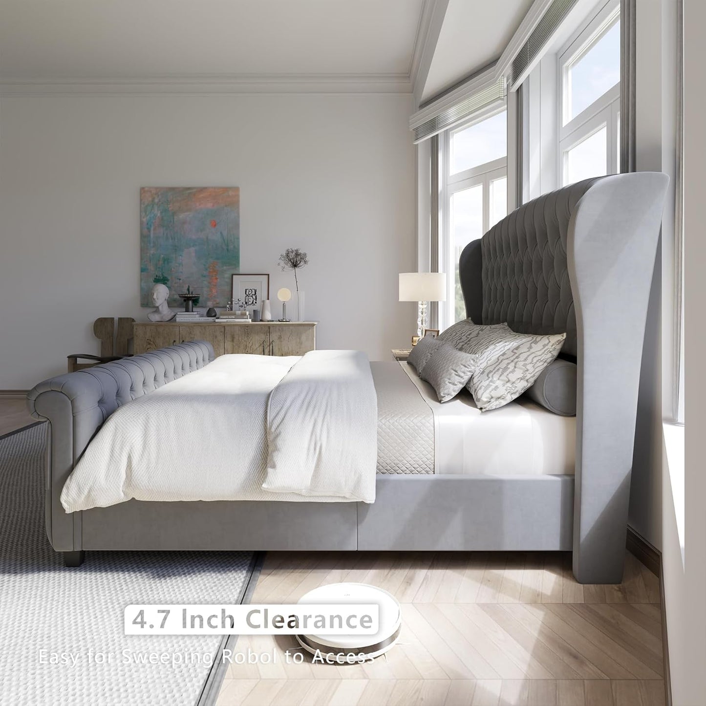 King Size Platform Bed Frame, Velvet Upholstered Sleigh Bed with Scroll Wingback Headboard & Footboard/Button Tufted/No Box Spring Required/Grey