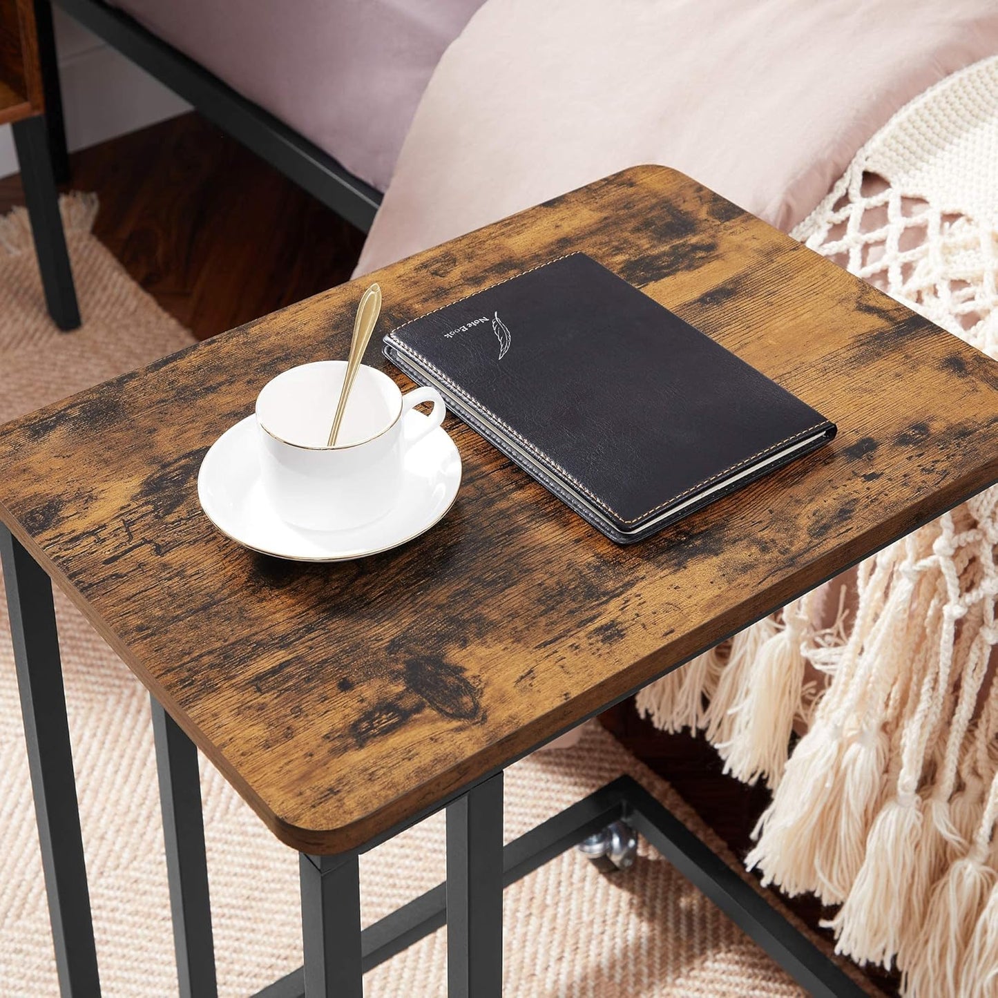 End Table, C Shaped TV Tray with Metal Frame Rolling Casters, Industrial Side Table for Living Room Bedroom, 19.7 X 13.8 X 23.6 Inches, Rustic Brown and Black