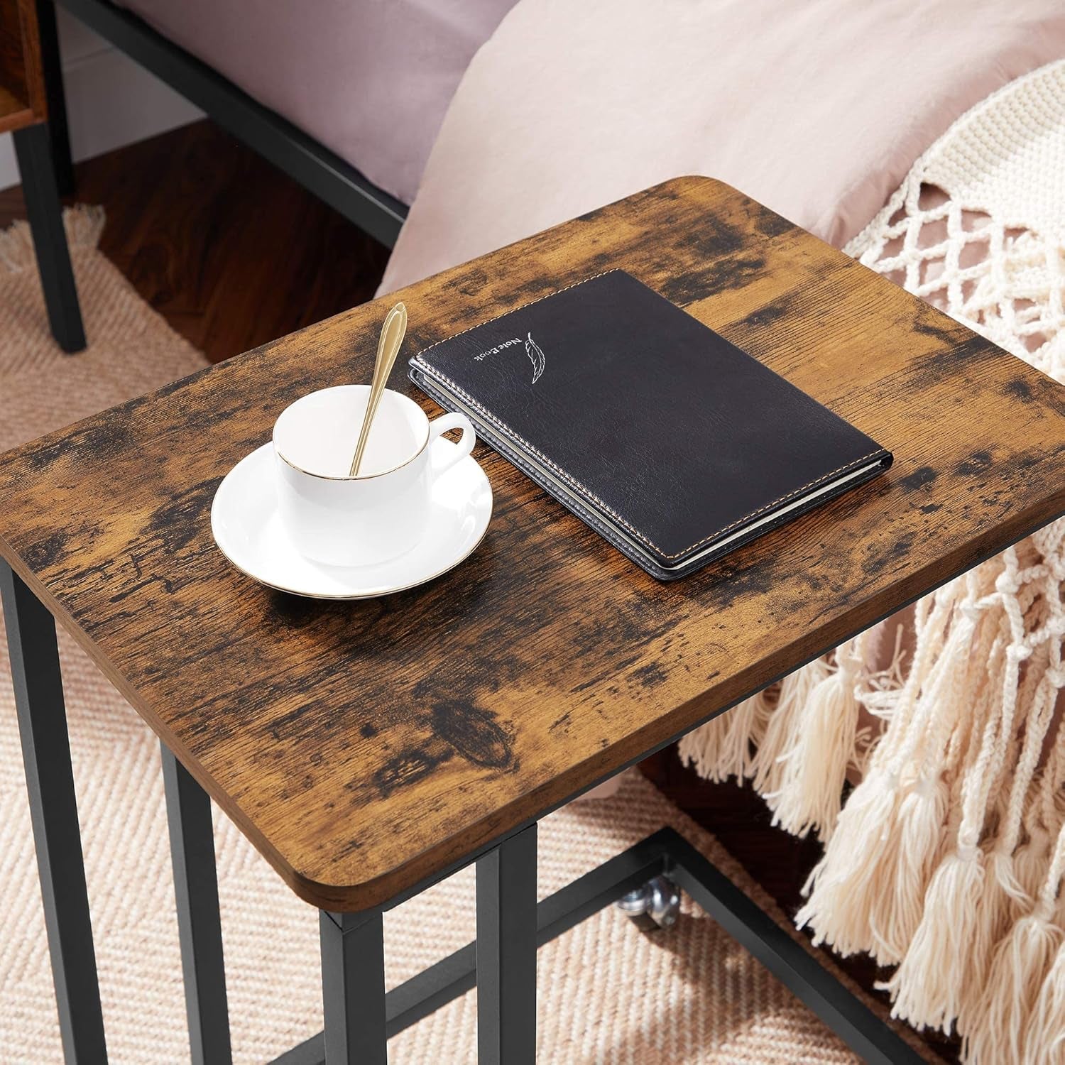 End Table, C Shaped TV Tray with Metal Frame Rolling Casters, Industrial Side Table for Living Room Bedroom, 19.7 X 13.8 X 23.6 Inches, Rustic Brown and Black