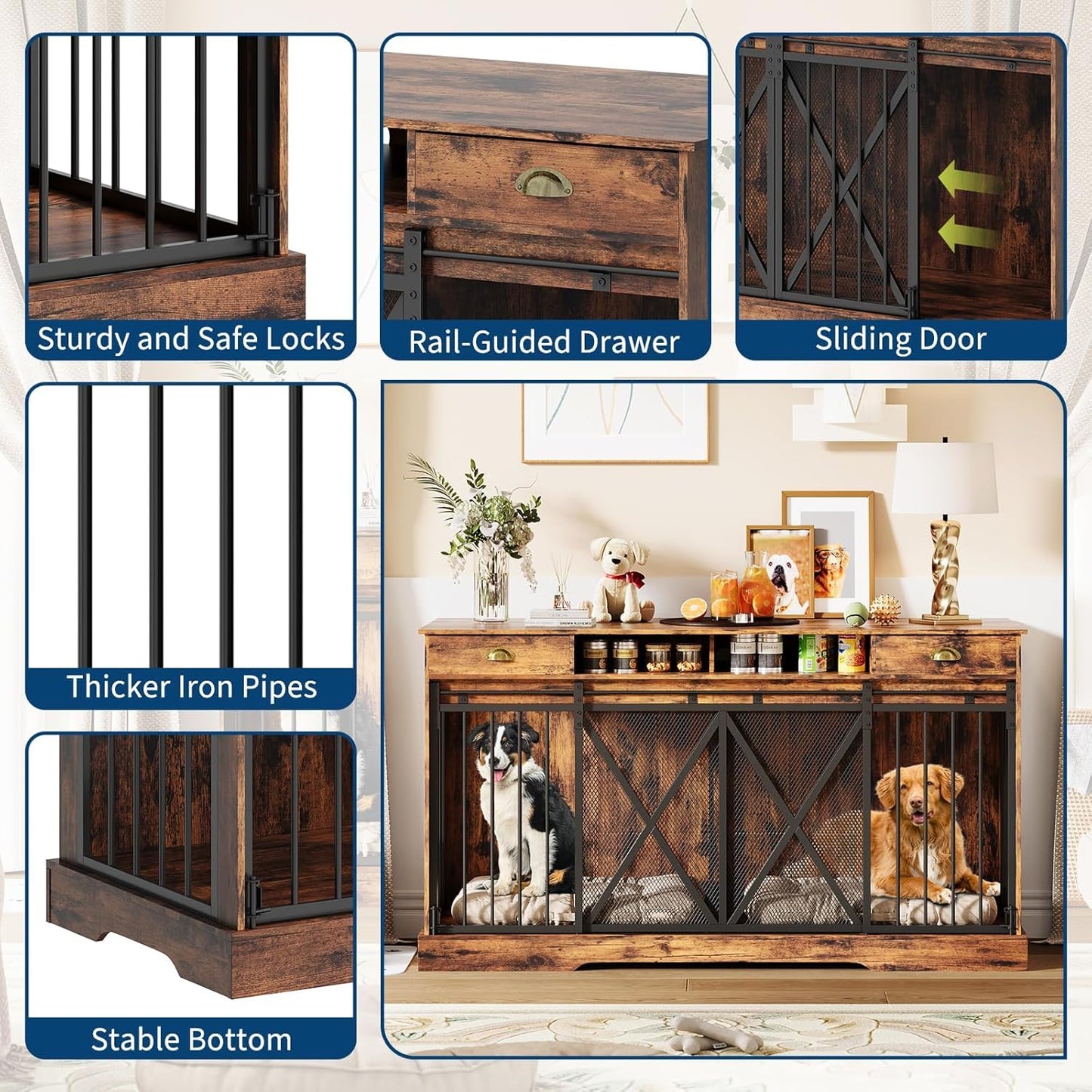 63" Large Dog Crate Furniture, Heavy Duty Indoor Dog Kennel with Removable Divider, Sliding Doors, 2 Drawers and Open Shelves, Decorative TV Stand, Rustic Brown