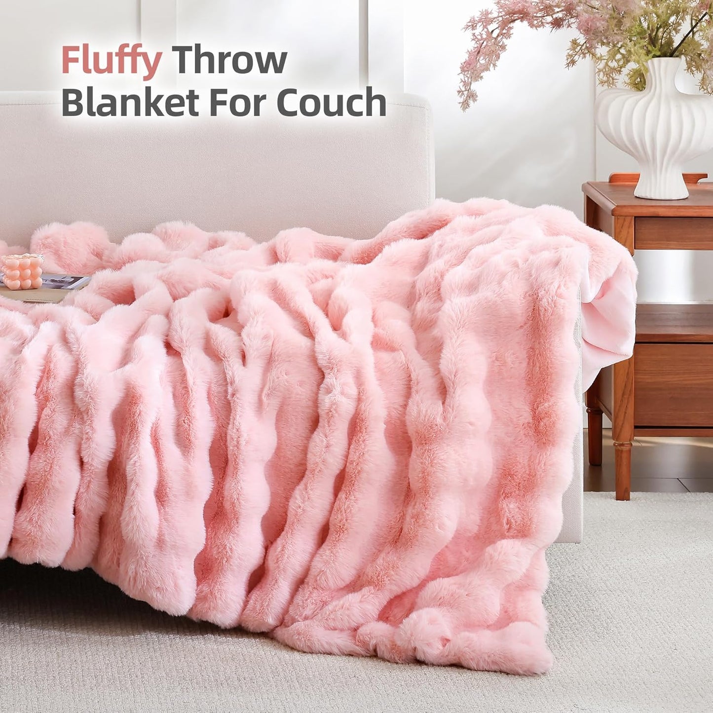 Faux Fur Throw Blanket for Couch – Blush Pink Fluffy Cozy Rabbit Fleece, Plush Soft Bubble Blanket for Sofa & Bed, for Mom, Warm Fuzzy Home Room Decor Throw 50" X 60"
