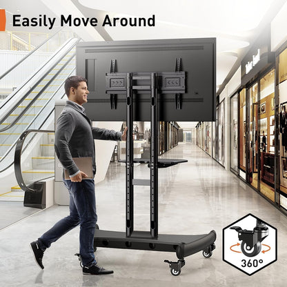Rolling TV Stand for 32-82 Inch Flat/Curved LED/LCD/OLED Tvs, Outdoor Mobile TV Carts on Wheels with Adjustable Shelf, VESA 600X400Mm up to 100Lbs, Portable Mount with Wheels PGTVMC05-1