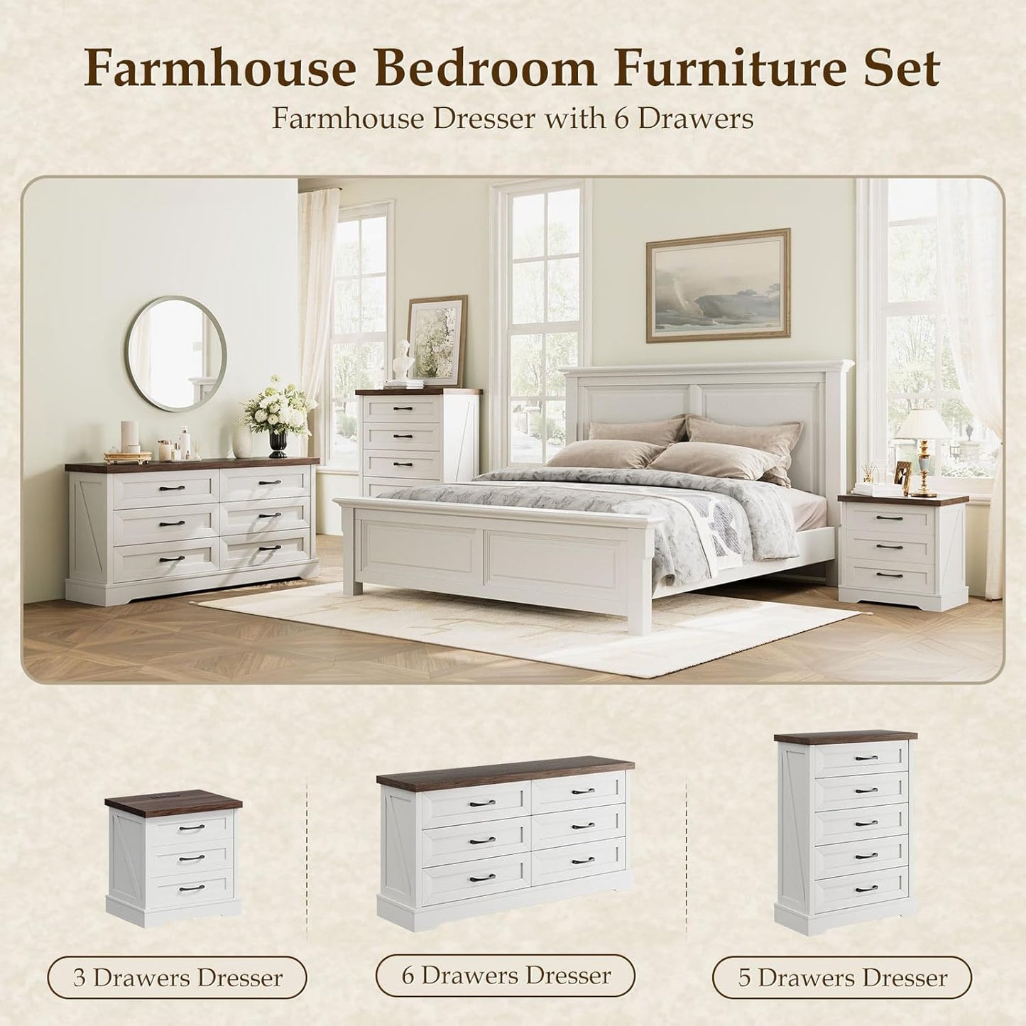 Farmhouse 6-Drawer Dresser for Bedroom, Heavy-Duty Storage Chest with Extra Thick Boards & Metal Handles, Sturdy Chest of Drawers, Anti-Tipping Safety Certified, White & Walnut