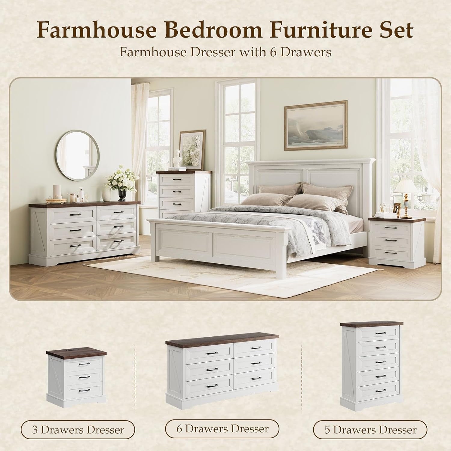 Farmhouse 6-Drawer Dresser for Bedroom, Heavy-Duty Storage Chest with Extra Thick Boards & Metal Handles, Sturdy Chest of Drawers, Anti-Tipping Safety Certified, White & Walnut