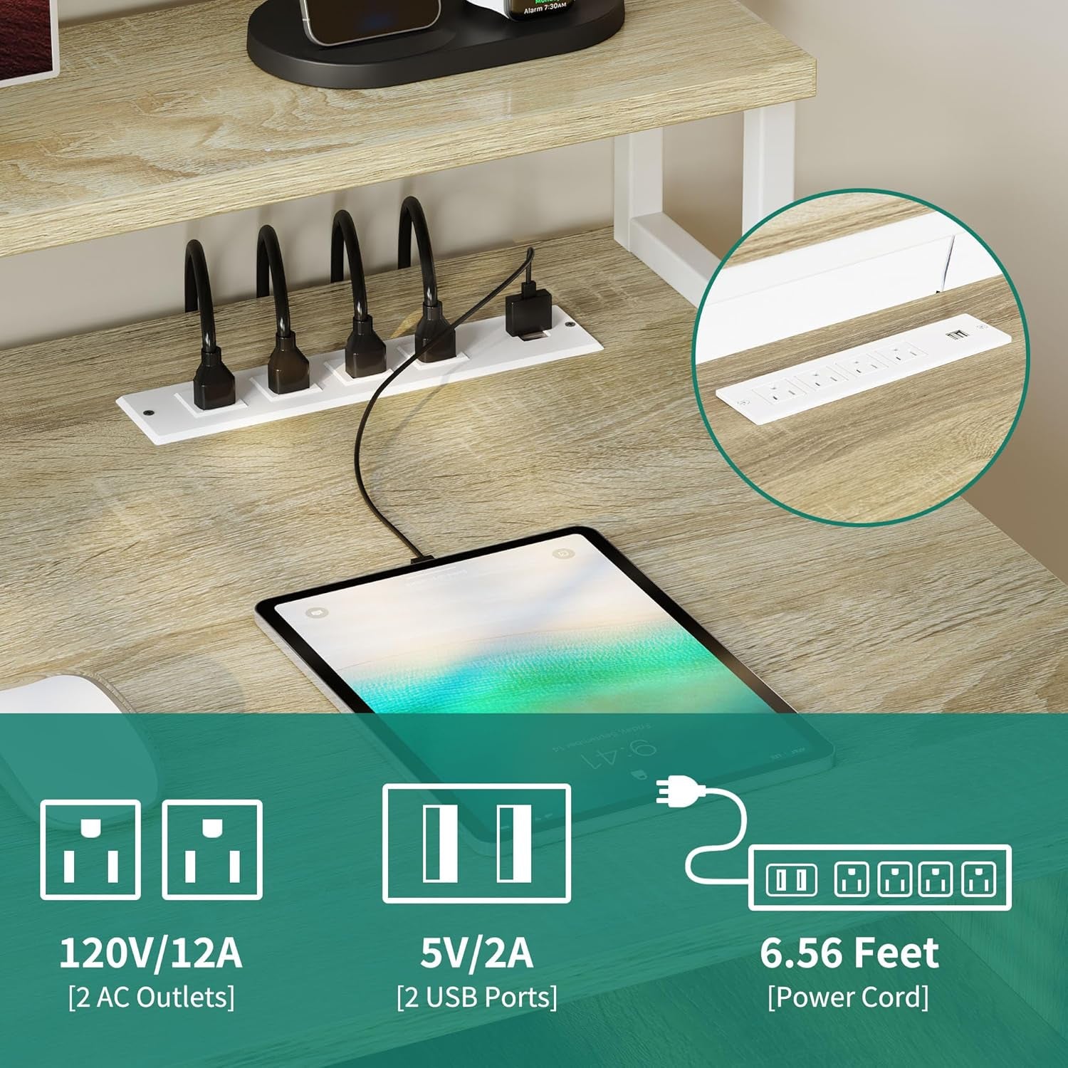 Computer Desk with Drawers, 55" Office Desk with Power Outlets & LED Light, Home Office Desk with Storage Shelves, White & Oak
