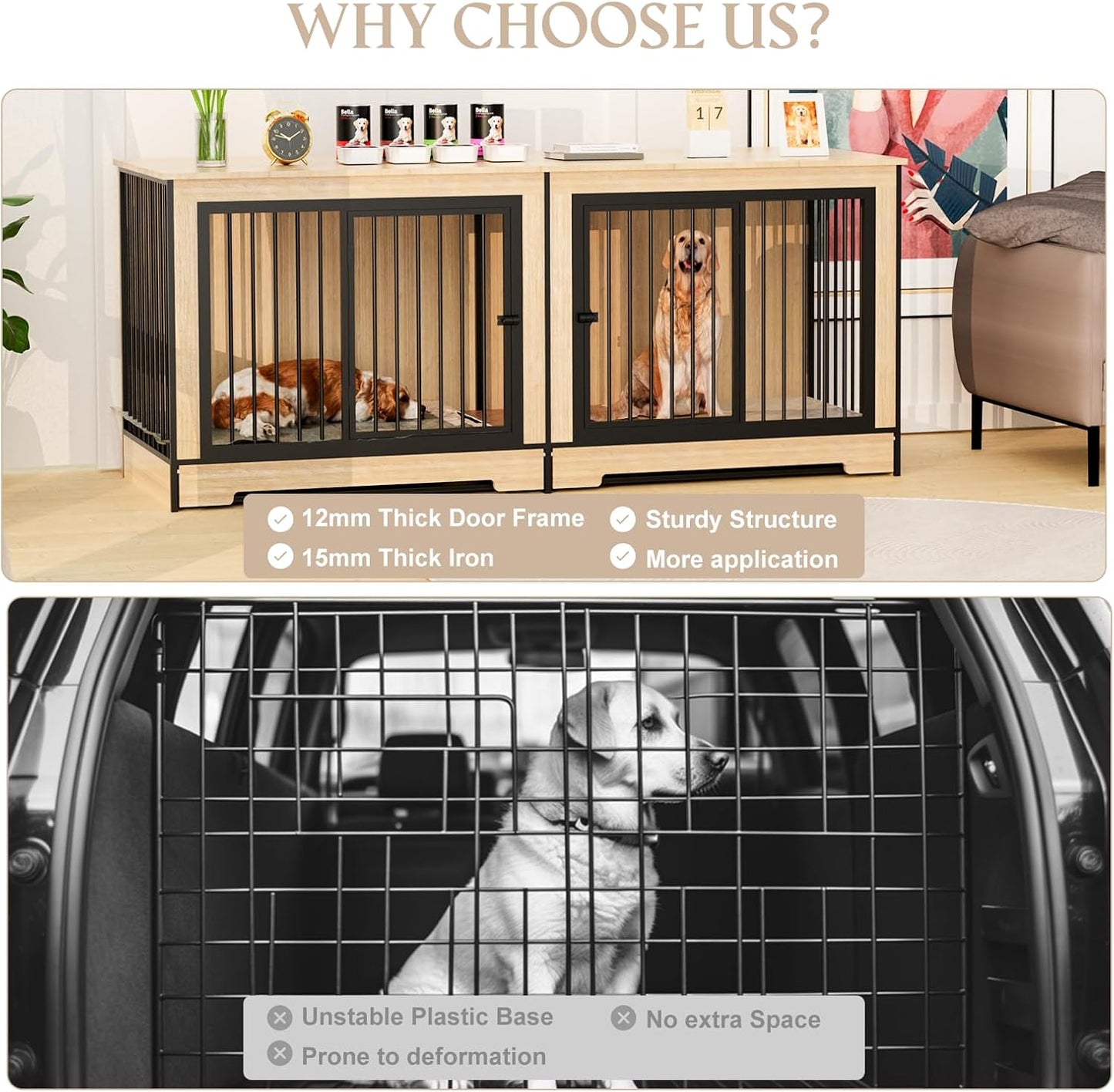 43.7" Dog Crate Furniture, XL Dog Crate Dog Kennel Indoor with Wheels for Large Medium Small Dogs, Wooden Dog Kennel End Table with Sliding Door Wooden Furniture Crates for Living Room, Bedroom