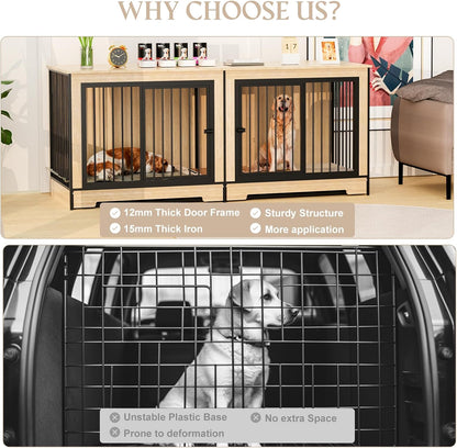 Furniture Dog Crate for Large Dogs, 75" Double Door Heavy Duty Dog Kennel with Removable Divider, XXL Wooden Dog Crate TV Stand, End Table, Pet Crate Cabinet for Home Decor