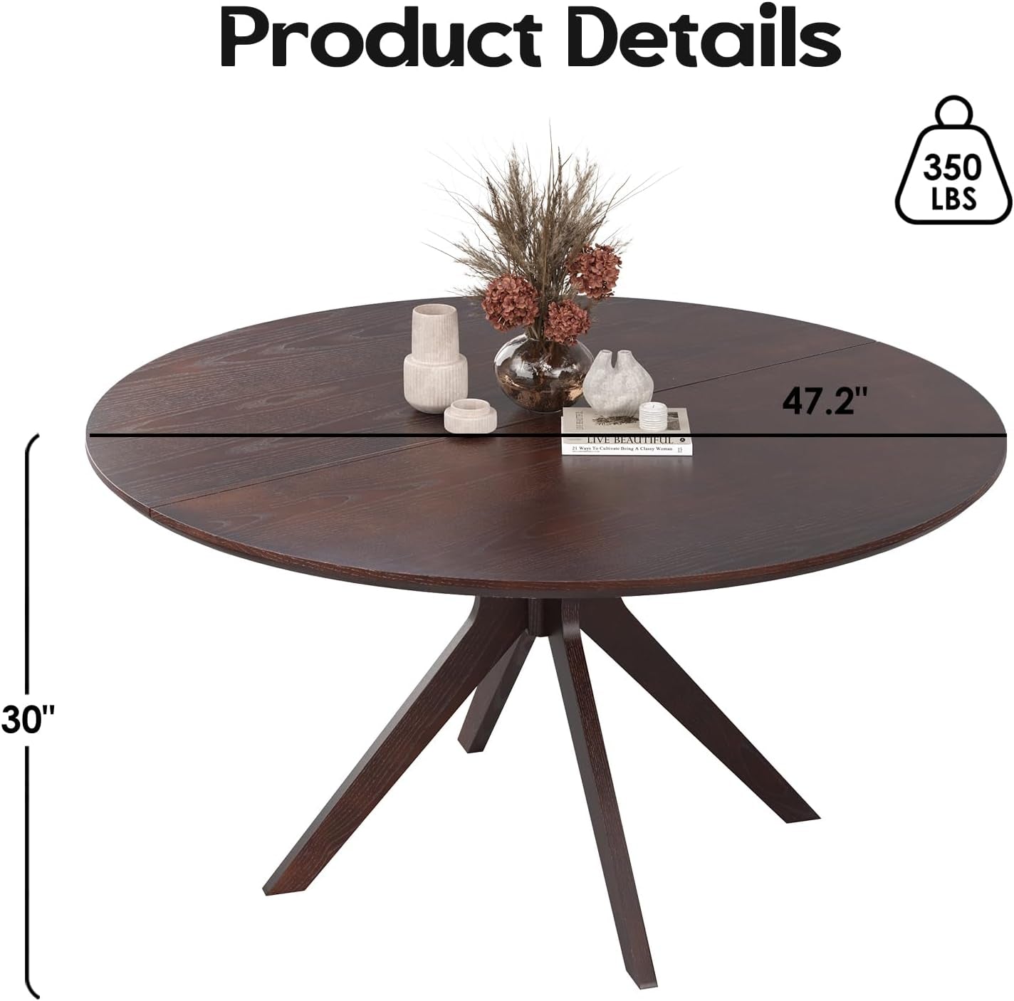 47.2" Solid Wood round Dining Kitchen Table for 4-6 People with Intersecting Pedestal Base