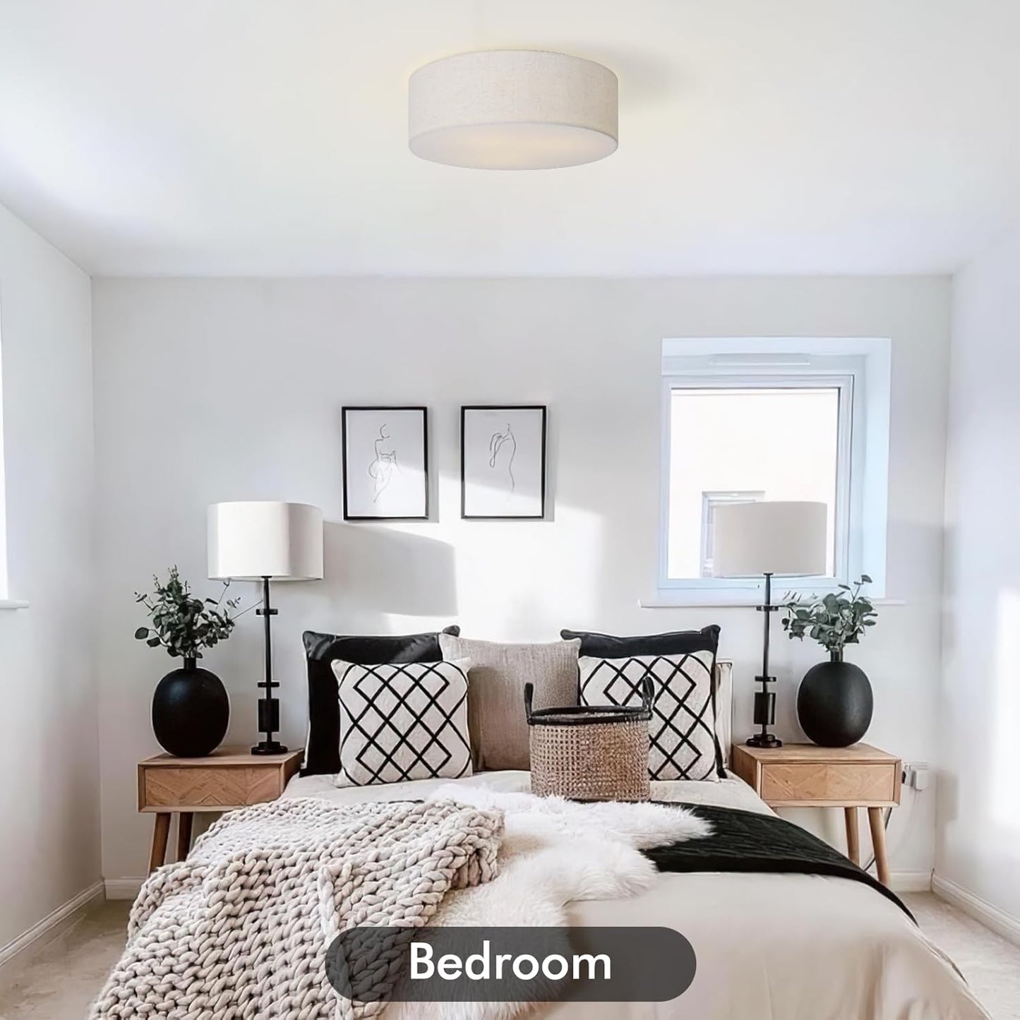 18-Inch Large Flush Mount Ceiling Light Fixture with Fabric Shade, Modern Drum Closed to Ceiling Lighting for Living Dining Room, Bedroom, Kitchen, Foyer - Farmhouse 3-Light Lamp & Chandelier