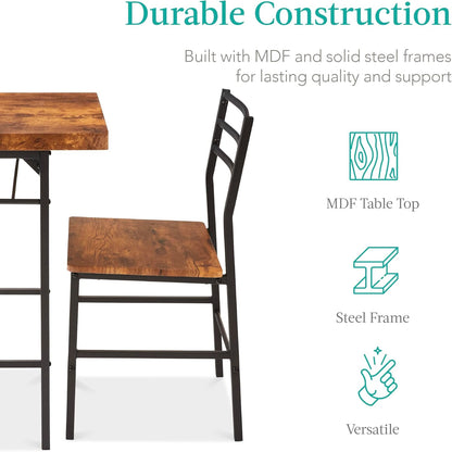 3-Piece Modern Dining Set, Space Saving Dinette for Kitchen, Dining Room, Small Space W/Steel Frame, Built-In Storage Rack - Medium Brown/Black