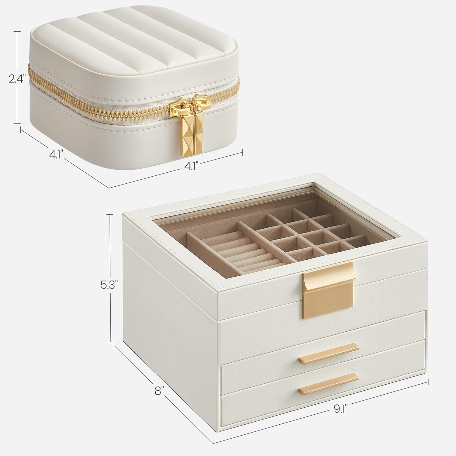 3-Tier Jewelry Organizer with Glass Lid and Square Travel Jewelry Box Bundle, with Drawers, Mirror, PU, Modern, Gift Idea, Cloud White UJBC239WT and UJBC179W01