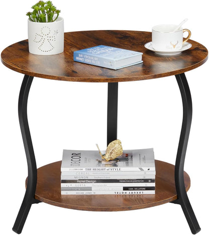 Small round Coffee Table with Open Storage,23" 2-Tier Coffee Side Tables for Small Space, Accent Center Table Circle Sofa End Table with Wooden Table Top for Living Room Bedroom (Rustic Brown)