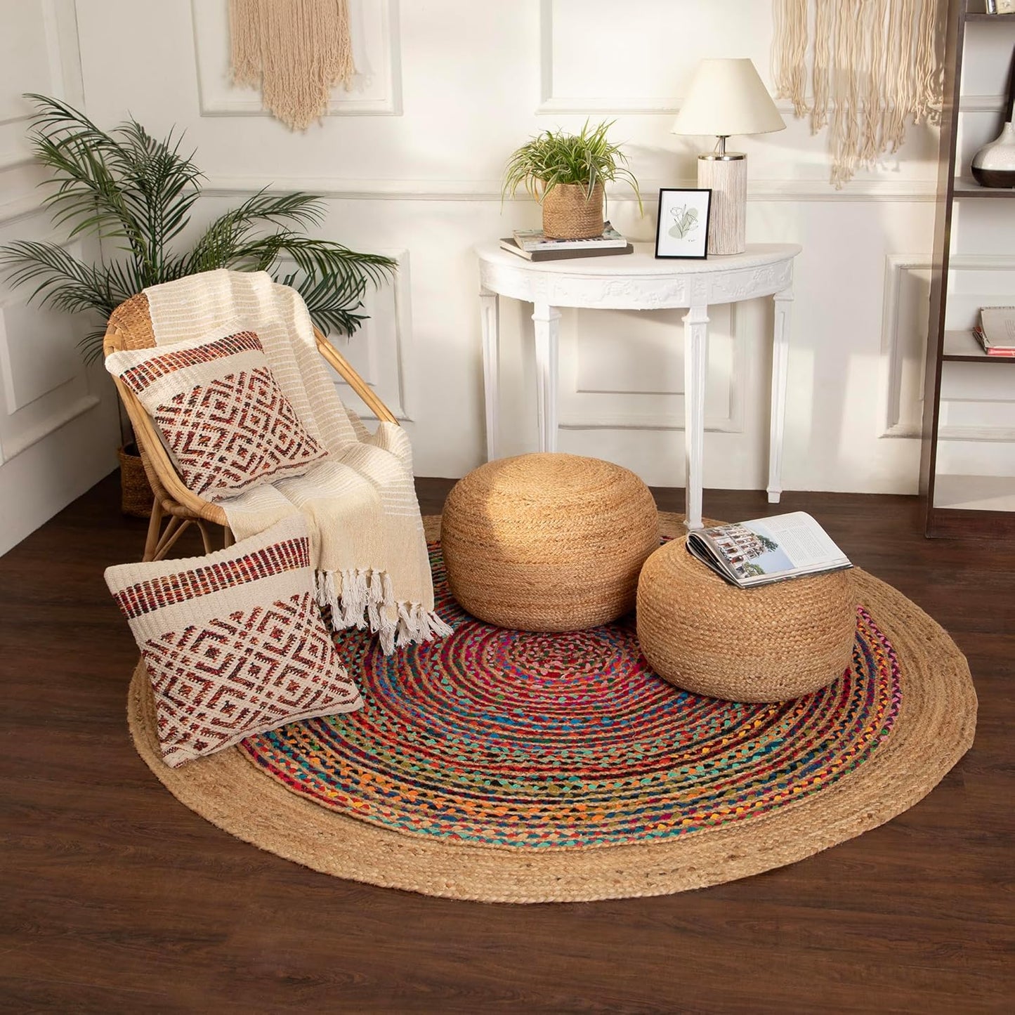 REDEARTH · Jute Circular Low Pouf Ottoman - Braided Pouffe Accent Sitting round Footrest for Living Room, Bedroom, Nursery, Kidsroom, Patio, Gym; 100% Jute (18"X18"X10"; Natural)