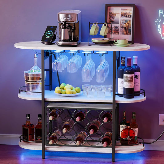Bar Cabinets for Home, LED Coffee Bar with Power Outlets, Home Mini Bar for Liquor, Freestanding Wine Rack with Glass Holder, Kitchen, Dining Room, Rustic White ULWR007W01