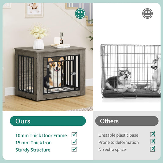 Dog Crate Furniture for Medium Dogs, Side End Table, Modern Dogs Kennel Indoor up to 35 Lb, 2-In-1 Iron-Wood Fusion Dog Cage with Waterproof Top, Safety Corners,Steel Lock,30" L,Greige