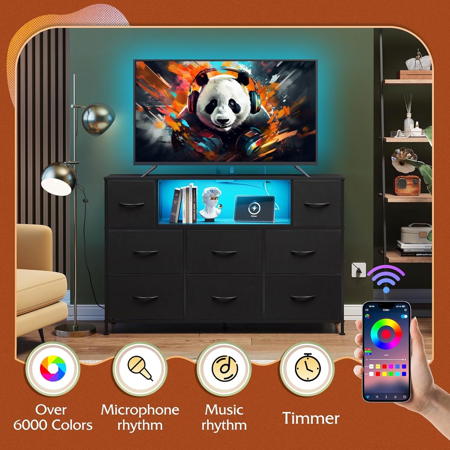 Black TV Stand for 45, 50, 55 Inch TV, Entertainment Center with LED Lights & Charging Station, TV Media Console Table with 8 Fabric Drawers and Open Shelves for Living Room, Hallway, Wood Top