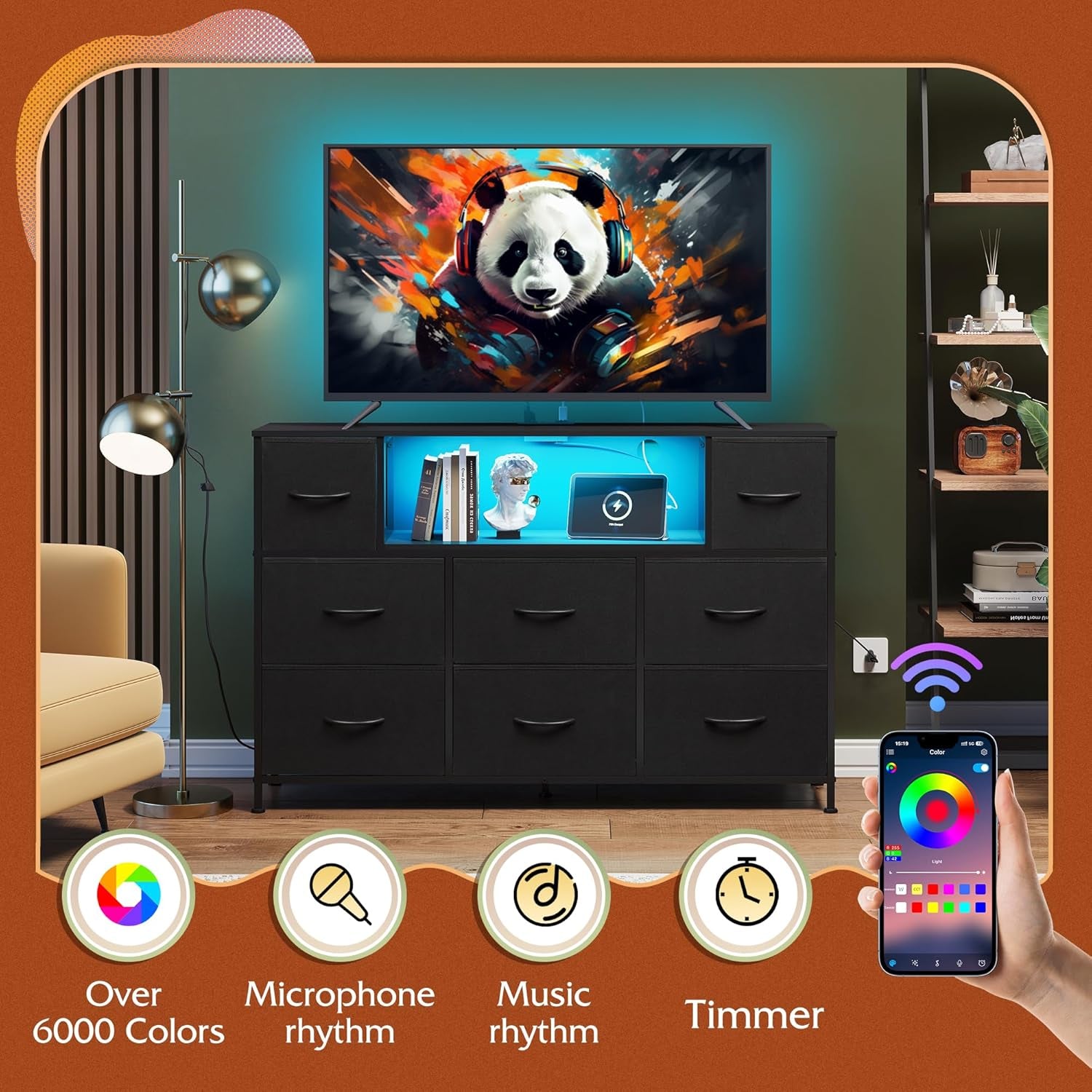 Black TV Stand for 45, 50, 55 Inch TV, Entertainment Center with LED Lights & Charging Station, TV Media Console Table with 8 Fabric Drawers and Open Shelves for Living Room, Hallway, Wood Top