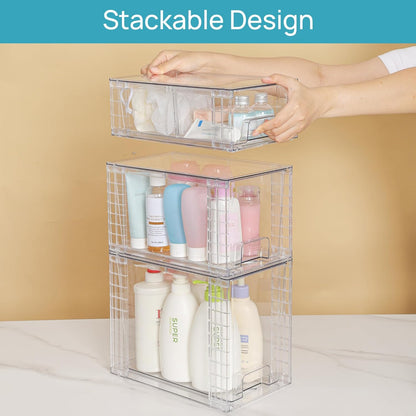3 Pack Clear Stackable Storage Drawers,Easy to Assemble Bathroom Organizers and Storage with Handles,Plastic Drawers for Kitchen Pantry,Cabinet,Under Sink Organization