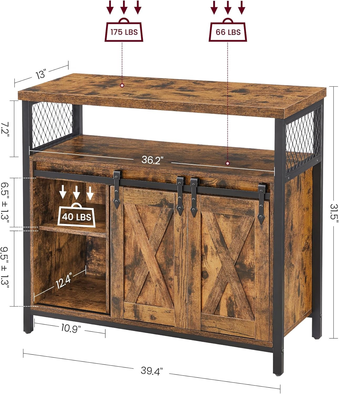 Coffee Bar Cabinet with Power Outlet and Voice Control LED Light, Buffet Cabinet with Sliding Barn Doors, S Hooks, Wine Glass Racks, Bottle Holders, Rustic White and Honey Brown ULSC201W01
