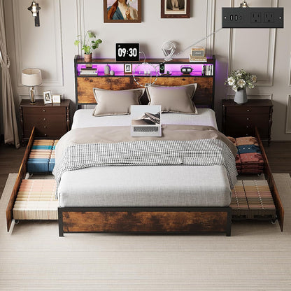Queen Bed Frame with 4 Storage Drawers and Headboard, Metal Platform Panel Bed with Charging Station and RGB LED Lights, No Box Spring Needed, Noise Free, Easy Assembly, Vintage Brown