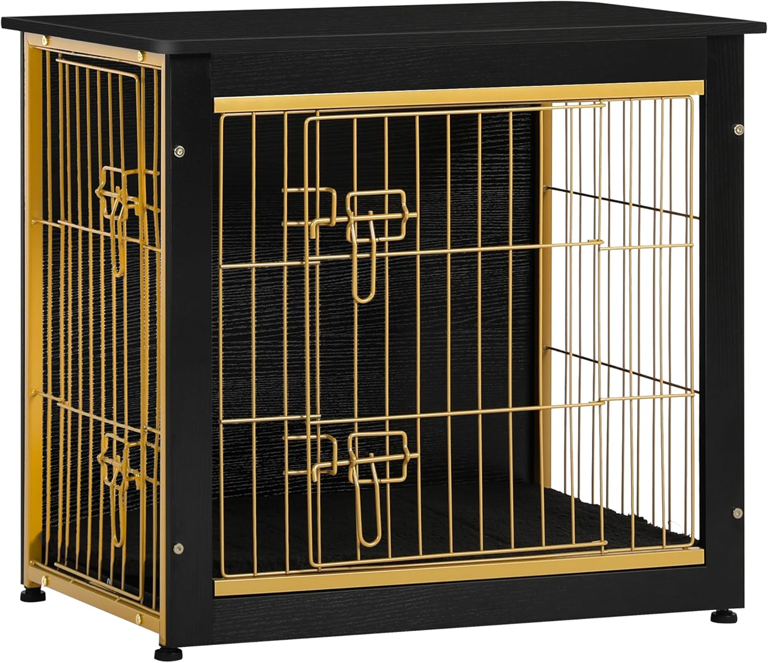 Dog Crate Furniture with Cushion, Wooden Kennel Table with Double Doors, Indoor Dog House, Small/Medium/Large Size, 27.2" L, Black+Gold