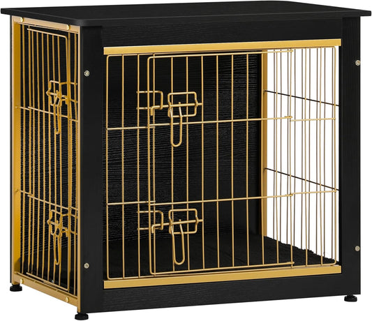 Dog Crate Furniture with Cushion, Wooden Kennel Table with Double Doors, Indoor Dog House, Small/Medium/Large Size, 27.2" L, Black+Gold