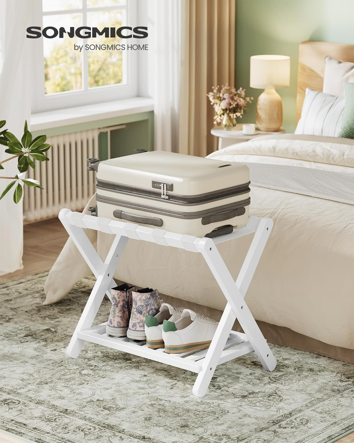 Solid Wood Luggage Rack, No Assembly Required, Foldable Suitcase Stand, Luggage Holder, with Storage Shelf, for Guest Room, Hotel, Bedroom, Cloud White URLR020W02