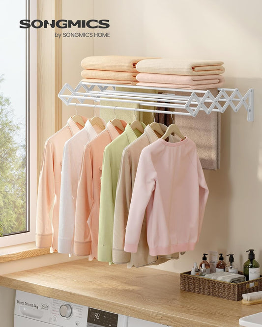 Clothes Drying Rack, Wall-Mounted Drying Rack Clothing, Accordion Laundry Rack, 9 Staggered Hanging Rods, Expandable and Retractable, Steel, Cloud White ULLR806W01