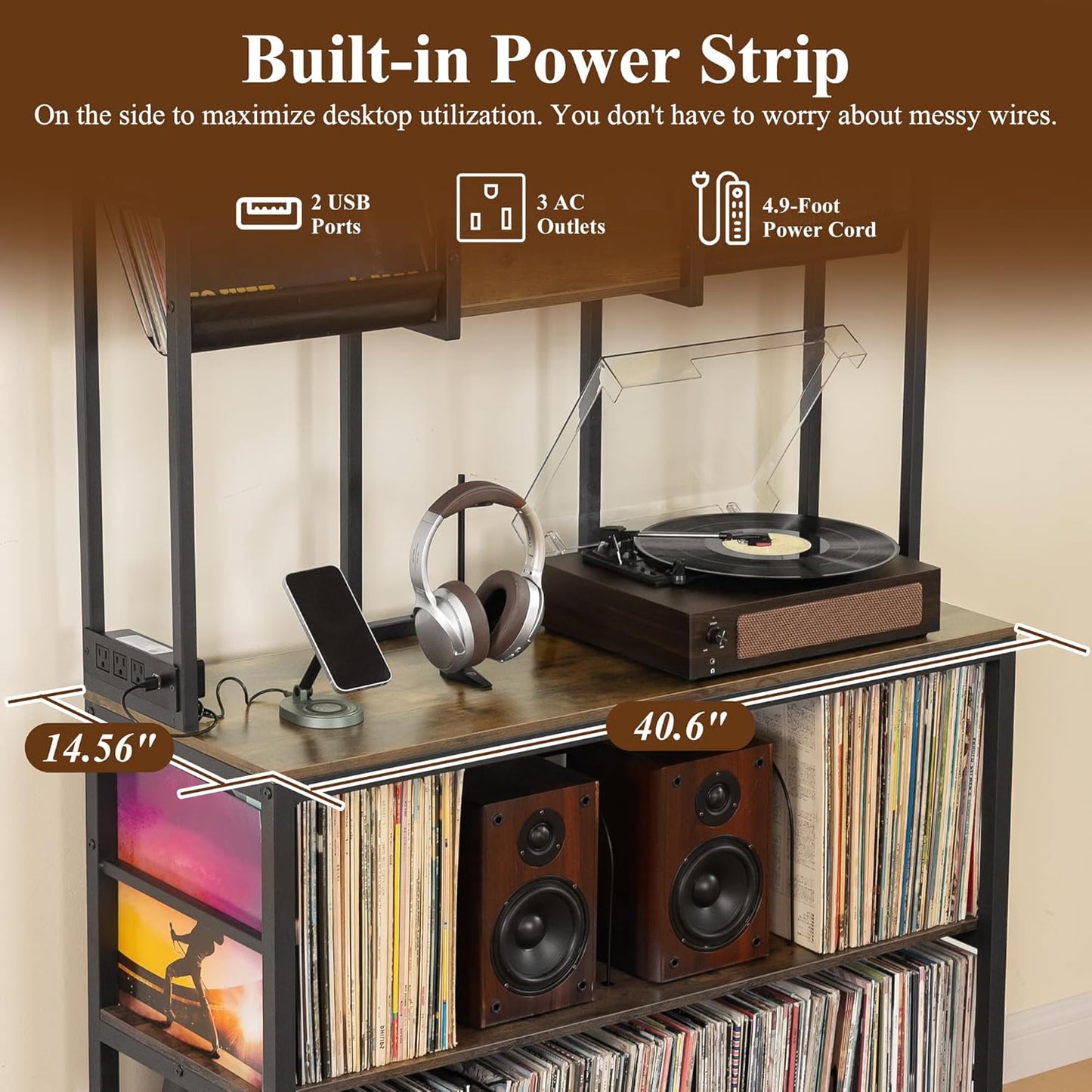 Extra Large Record Player Stand, Vinyl Record Stand Hold up to 600 Albums, Turntable Stand with Record Display Shelf, Record Player Table for Living Room Bedroom Music Room Studio, Rustic Brown