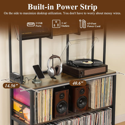 Extra Large Record Player Stand, Vinyl Record Stand Hold up to 600 Albums, Turntable Stand with Record Display Shelf, Record Player Table for Living Room Bedroom Music Room Studio, Rustic Brown