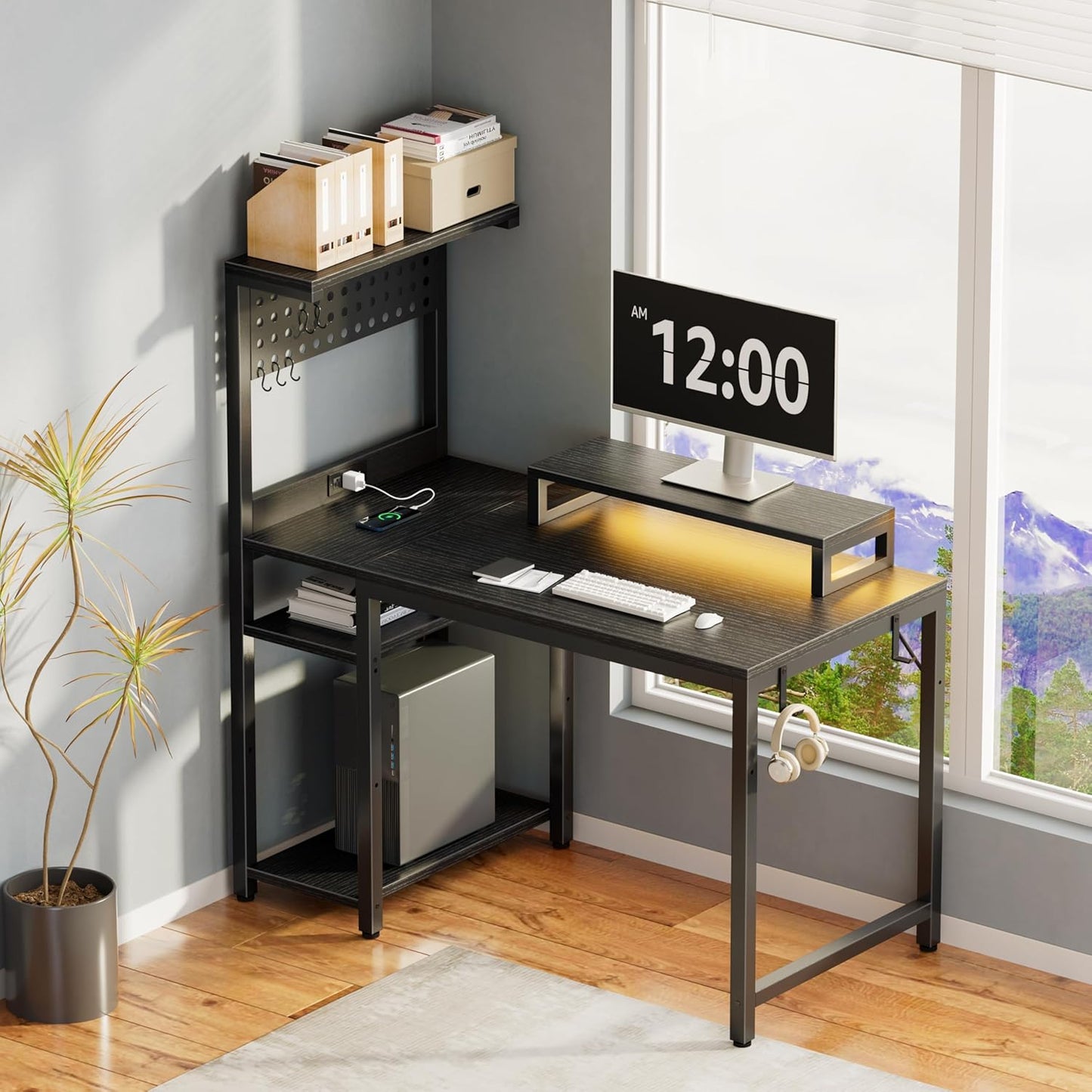 40 Inch Small Gaming Desk with Pegboard Shelves Computer Desks with Led Lights Power Outlets PC Monitor Stand Reversible Storage Shelf Table for Bedroom Small Space, Black