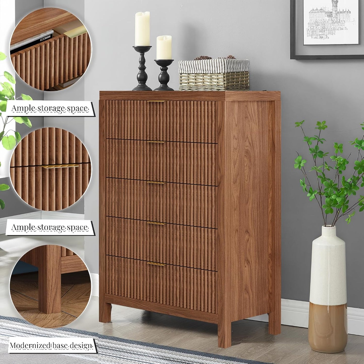 Dresser for Bedroom with 5 Storage Drawers, Storage Dresser Organizer with Wood Top, Nightstand Furniture with Wide Drawer Organizer in Living Room,Closet,Entryway,Hallyway Walnut Oak