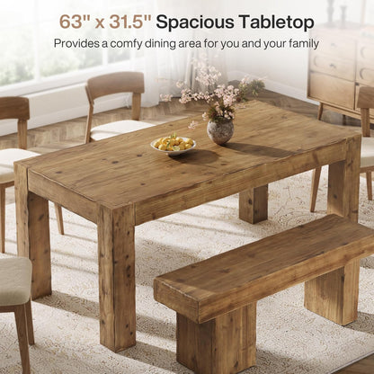 Solid Wood Dining Table for 6, 63-Inch Farmhouse Kitchen Table with Heavy Duty Legs, Rectangular Wood Dinner Table for Dining Room, Living Room (Rustic Brown)